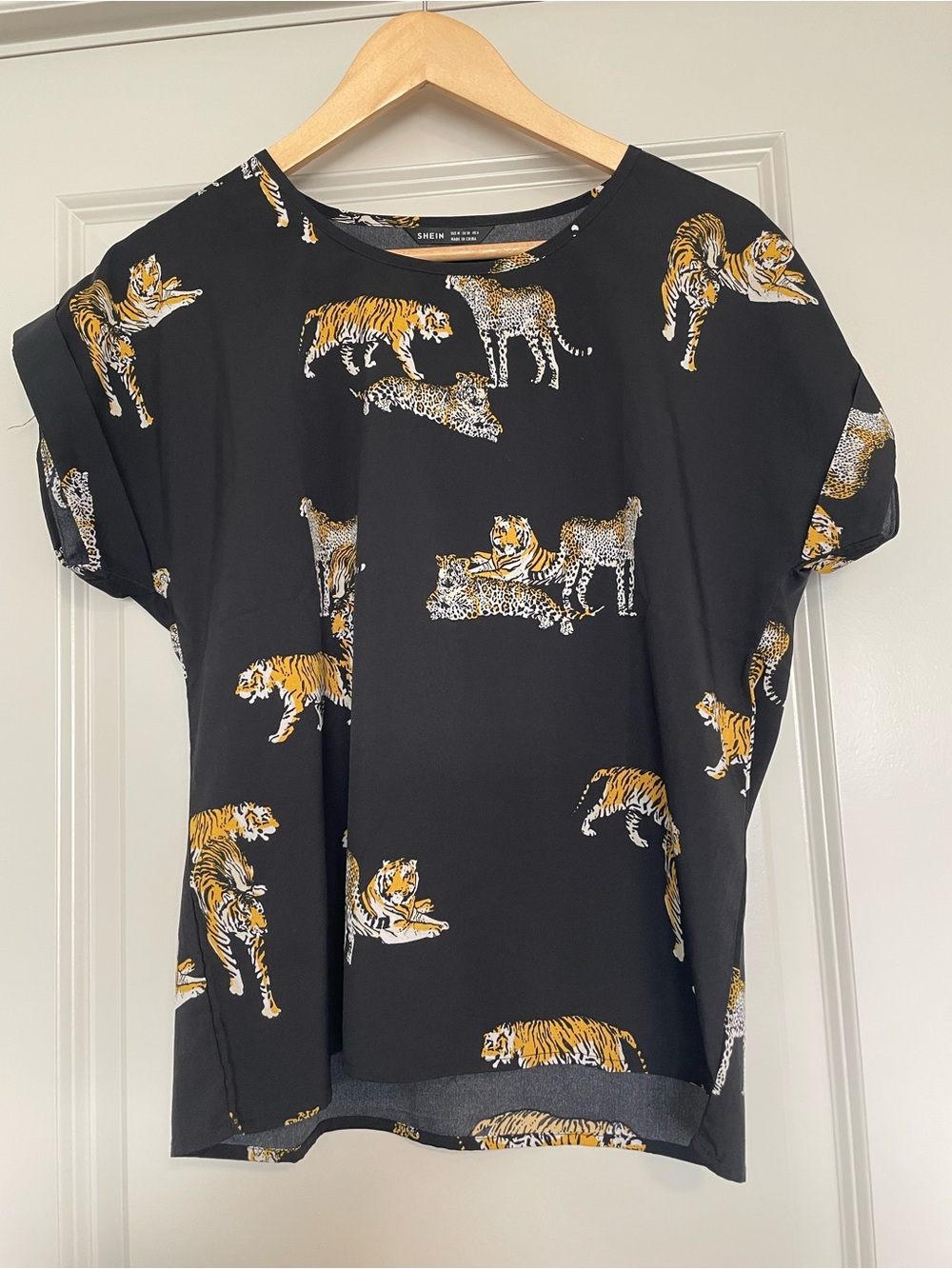 SHEIN Black Blouse with Yellow Tiger Print